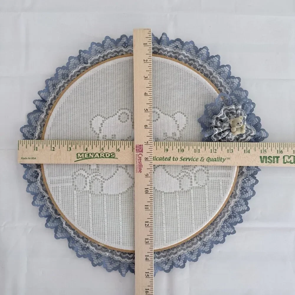 Vtg Teddy Bear Lace Hoop Wall Art Country Blue Cottagecore Kitsch Handmade 12 in